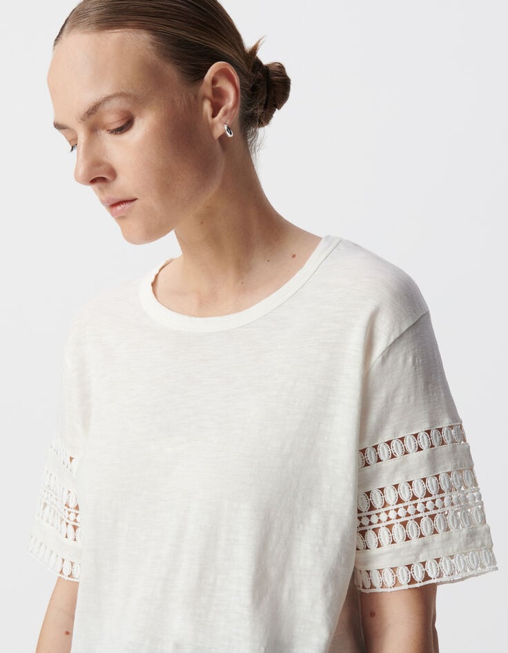 White crew neck T-shirt with lace sleeves-4 White crew neck T-shirt with lace sleeves-4