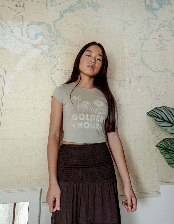 T-shirt vert messages et palmiers cropped fille-1