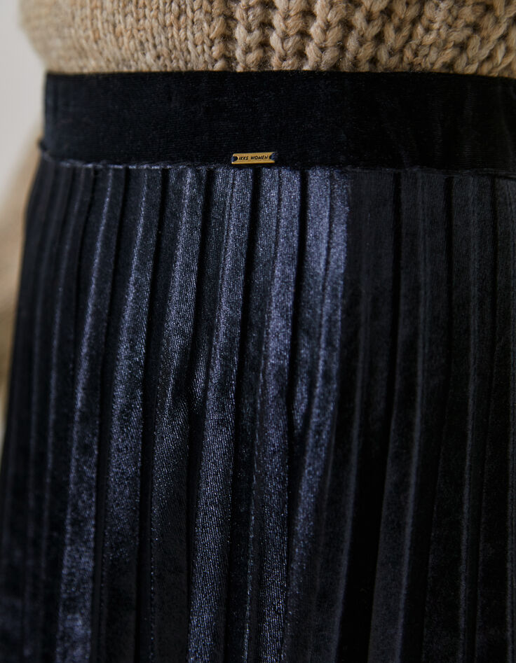 Jupe longue plissée en velours bleu marine femme-3