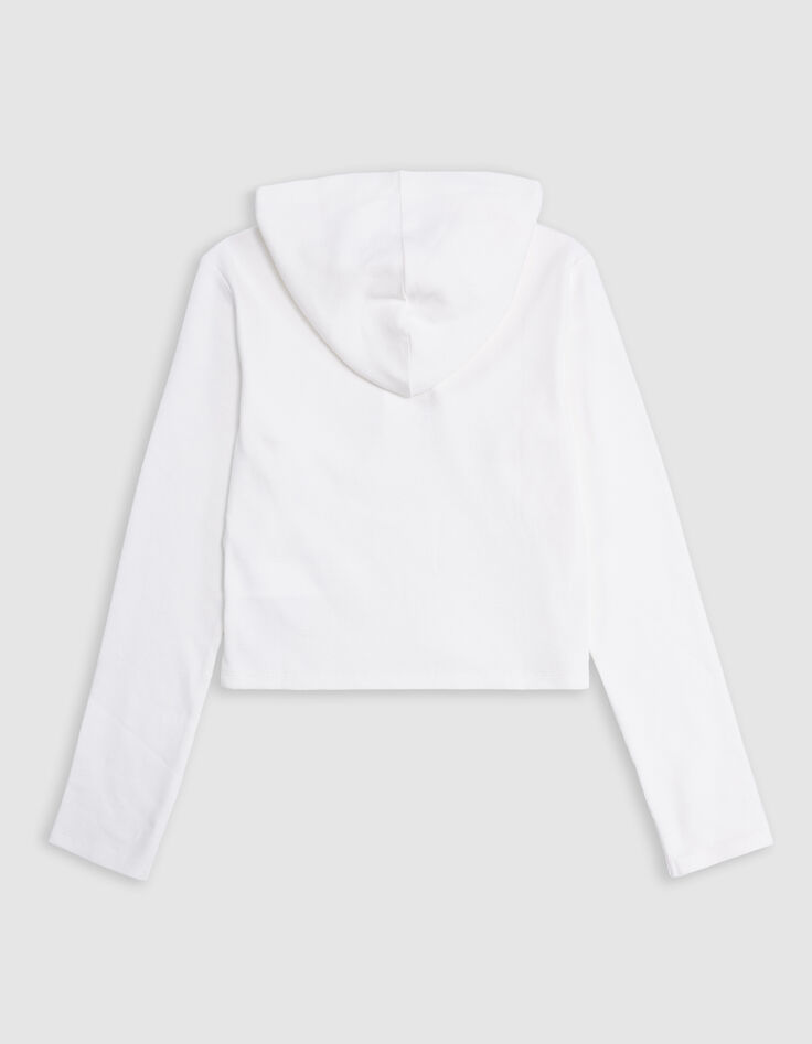 Ecru t-shirt met ribgebreide capuchon en meisjesboodschap-4