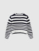 Pull écru tricot torsadé et rayures marine fille-3