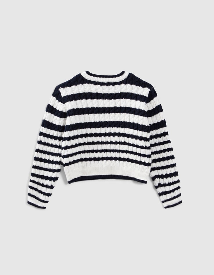 Pull écru tricot torsadé et rayures marine fille-3