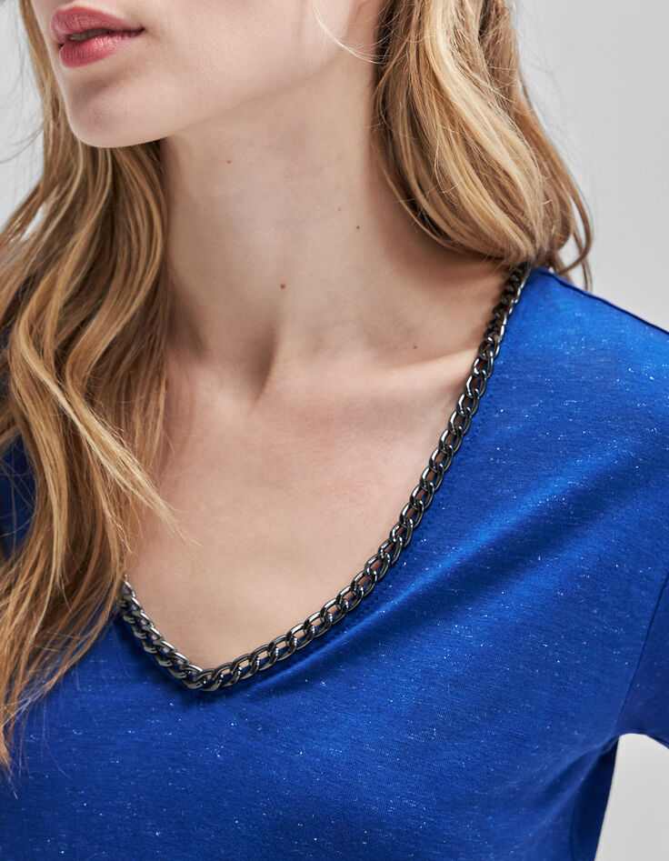 Kobalt T-shirt lurex met ketting aan de hals Dames-4