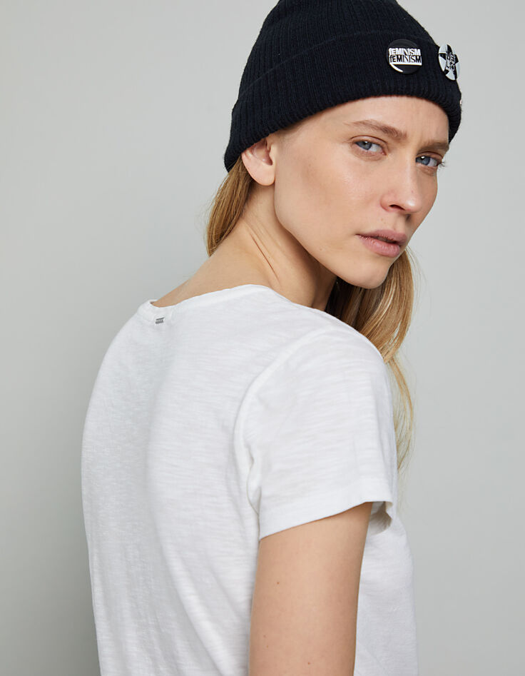 Tee-shirt blanc cassé coton modal flammé visuel tatoo femme-3