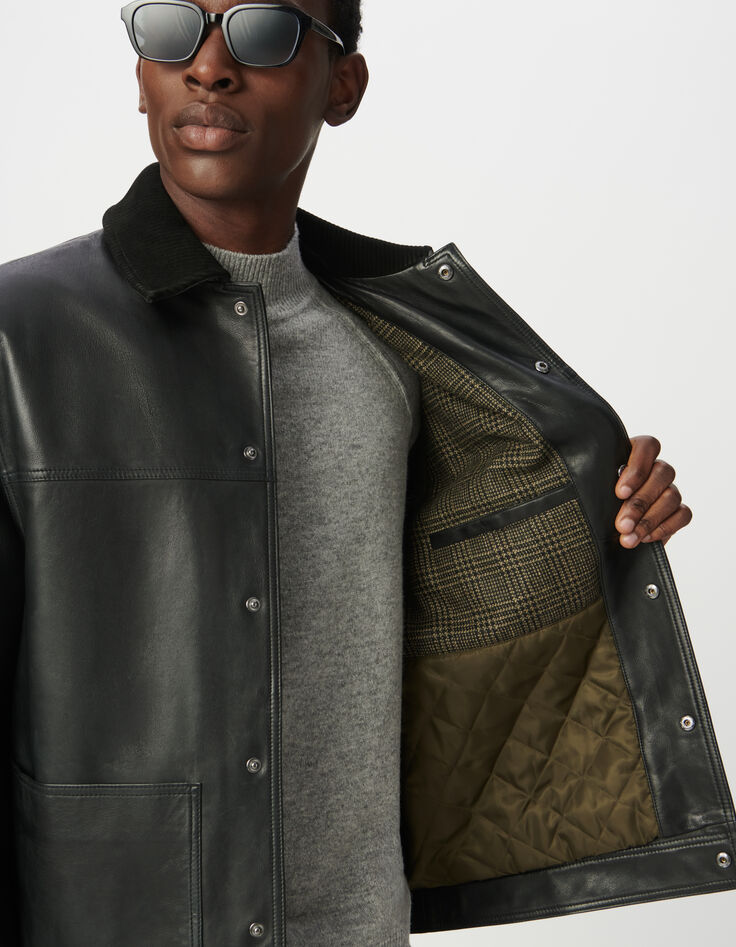 Schwarze Herrenjacke Leder Rippkragen-2