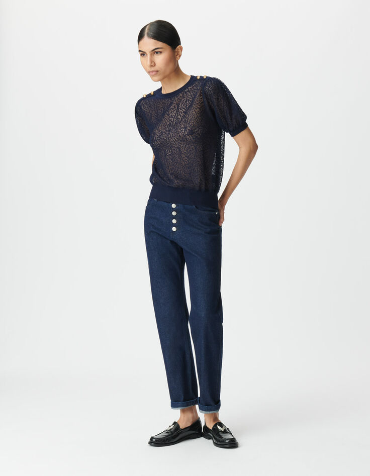 Women’s navy openwork knit sweater with buttoned shoulders-2