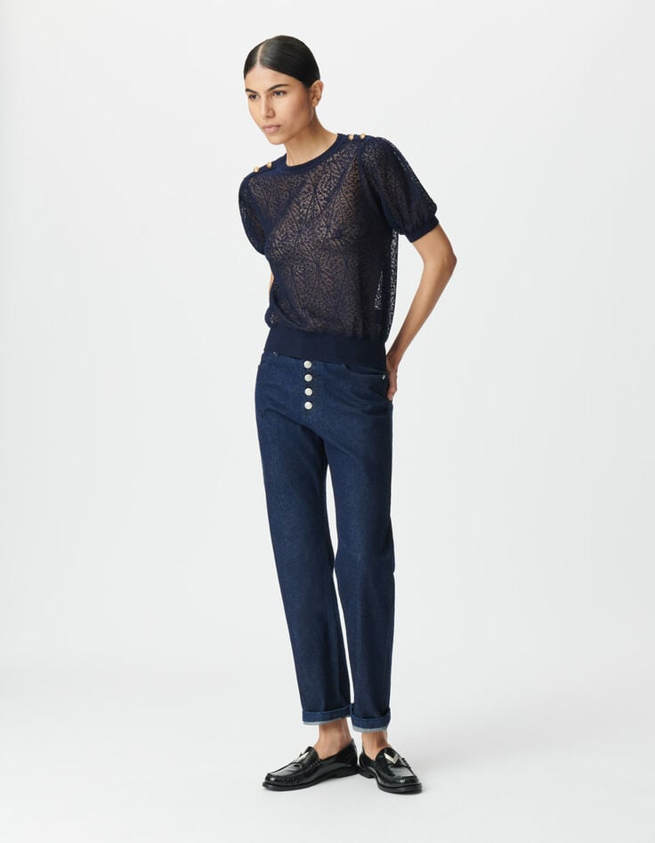 Pull marine tricot ajouré boutons épaules Femme-2 Pull marine tricot ajouré boutons épaules Femme-2