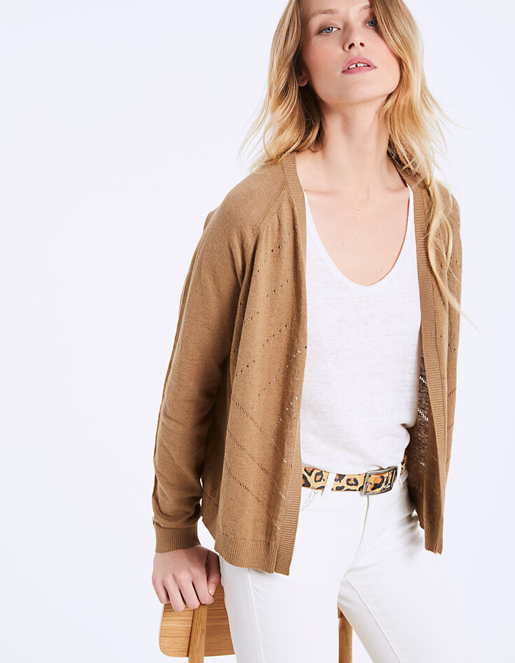 Cárdigan punto tricot camel de lino algodón mujer-1