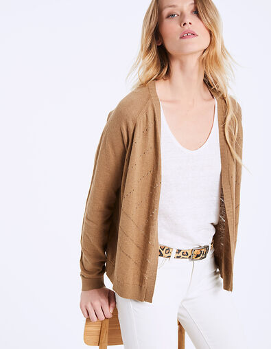 Cardigan maille tricot camel en lin coton femme - IKKS