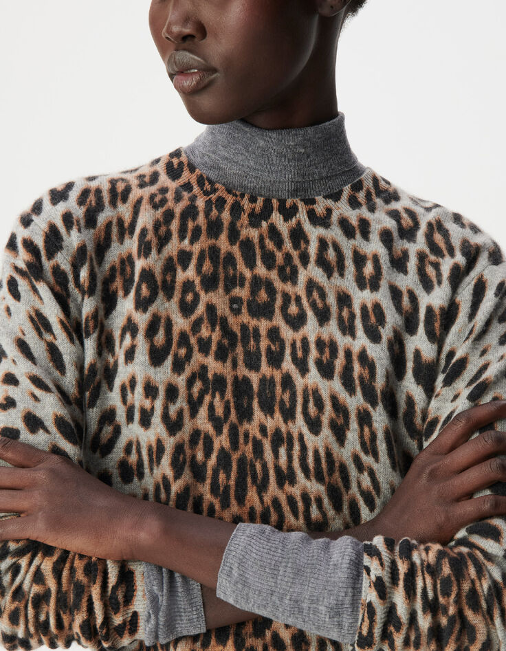 Jersey gris leopardo 100 % cachemira para mujer-4