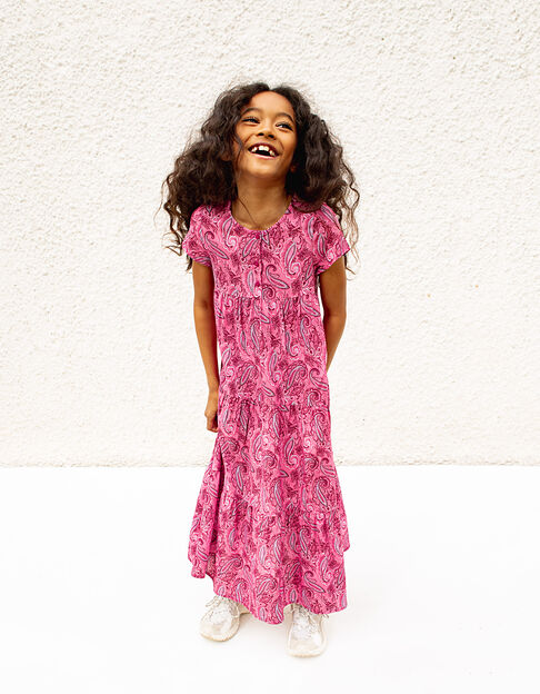 Langes, fuchsia Mädchenkleid aus Ecovero® mit Paisleyprint