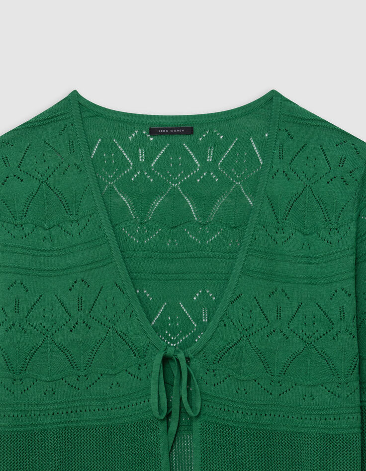 Cardigan vert tricot ajouré à nouer-2