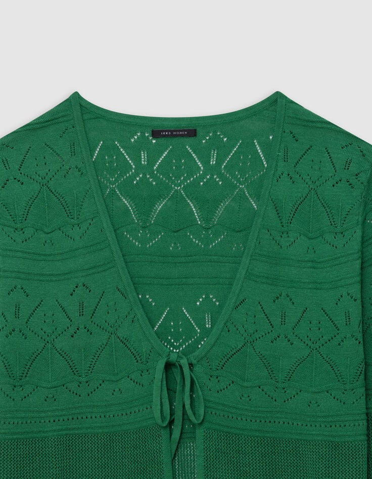 Cardigan vert tricot ajouré à nouer-2 Cardigan vert tricot ajouré à nouer-2