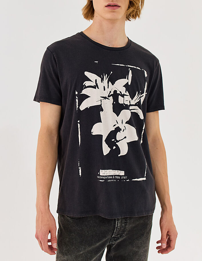 Schwarzes Herren-T-Shirt mit Rocker-Blumenprint - IKKS