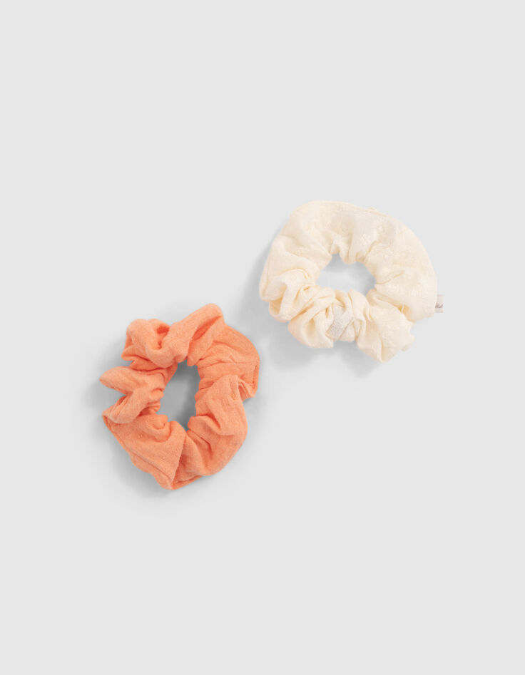 Girls’ orangey and embroidered white scrunchies-2