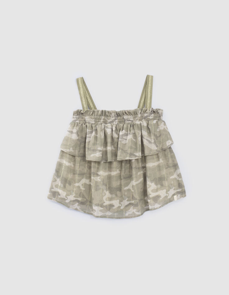 Khaki Mädchentop mit Camouflageprint und Streifen-1