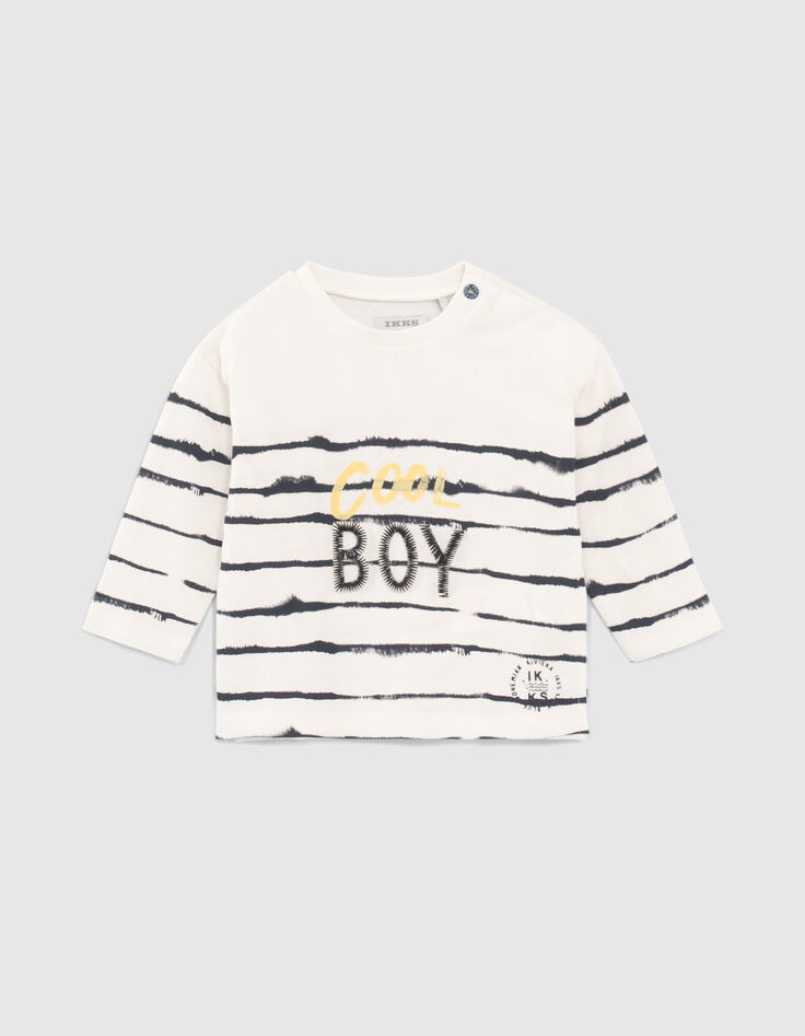 T-shirt blanc rayé marine à message bébé garçon-1