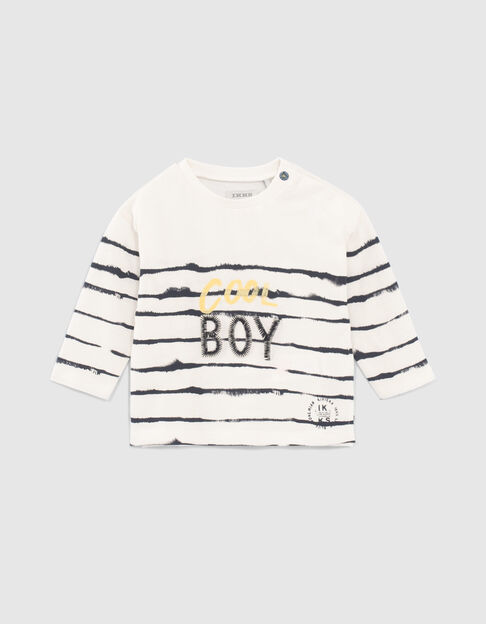 Baby boys’ white slogan T-shirt with blue stripes - IKKS