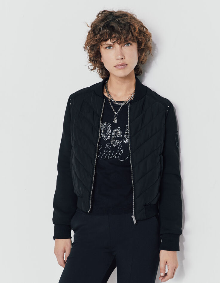 Chaqueta acolchada fina negra 2 tejidos espiga mujer-1