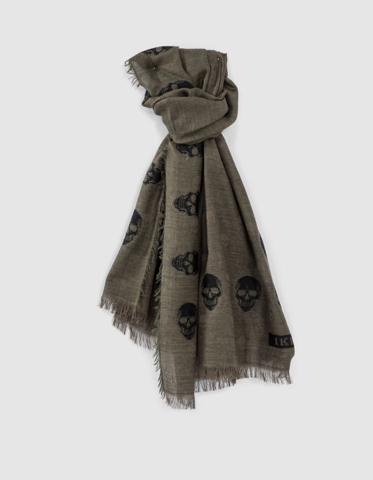 Women’s khaki and black skull motif wool/cotton scarf-1