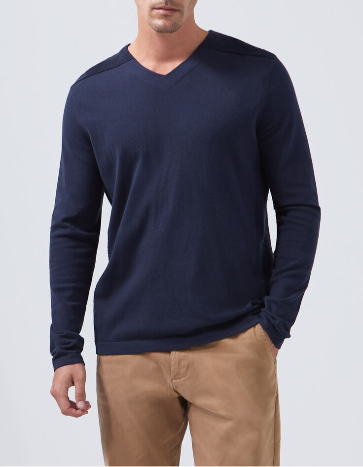Navy Herrenpullover mit Ottoman-Struktur und V-Ausschnitt-1