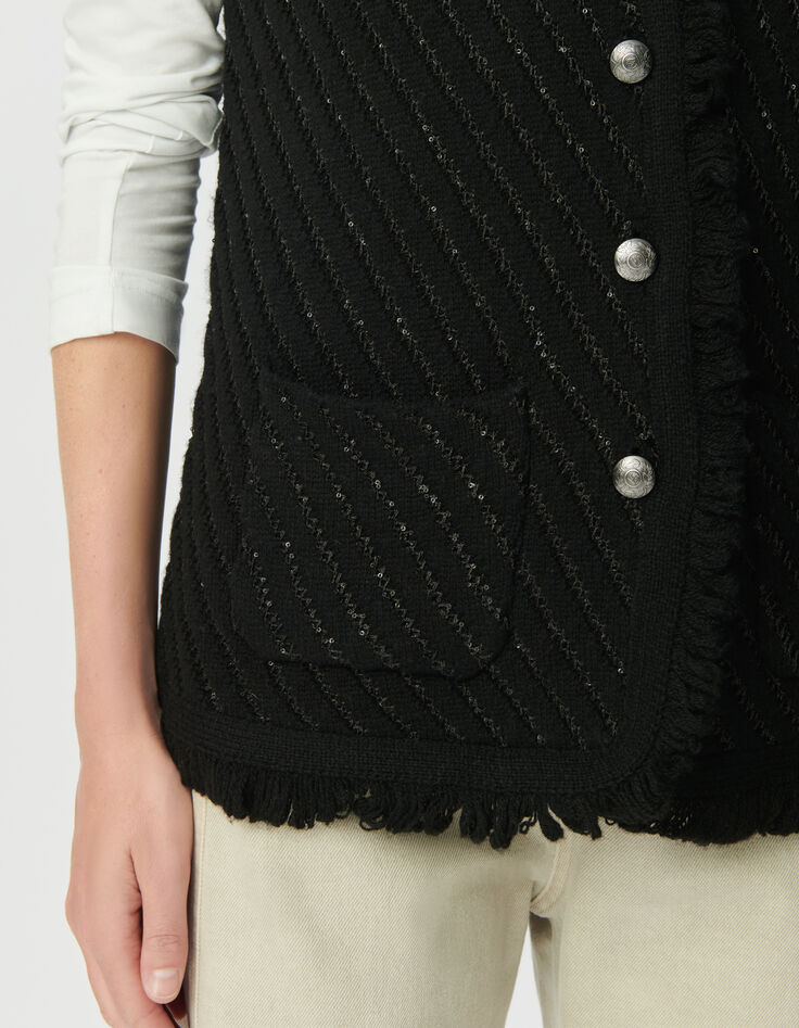 Cardigan sans manches noir tricot brodés sequins Femme-4