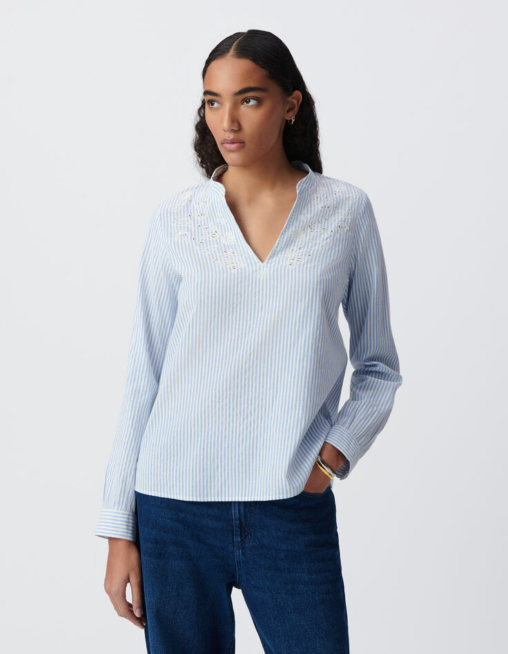 Blouse rayures bleu ciel plastron brodé-3