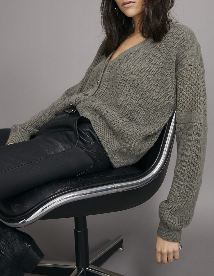 Women’s khaki knit cardigan with stitch detail and chains-4