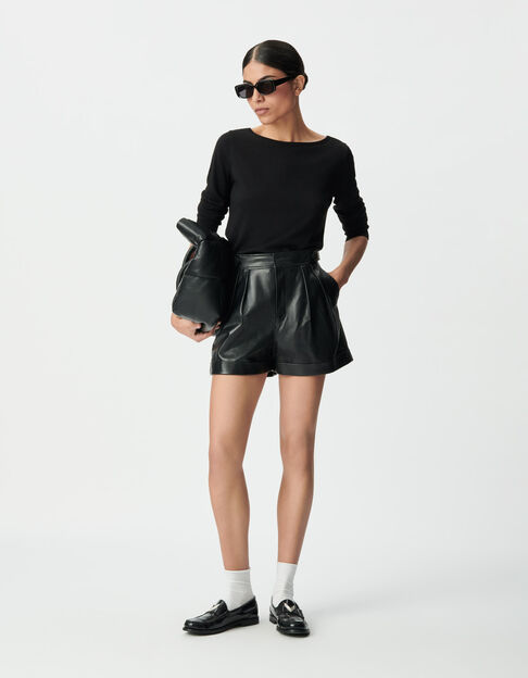 Short noir cuir à revers Femme - IKKS