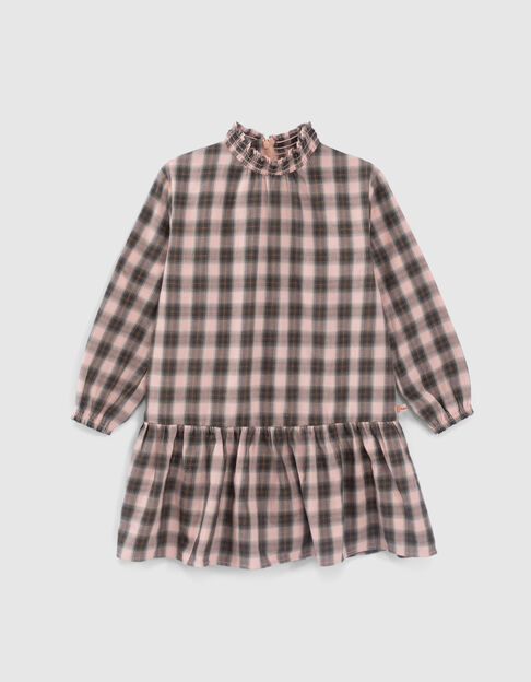 Robe rose et kaki à carreaux et col smocké fille - IKKS
