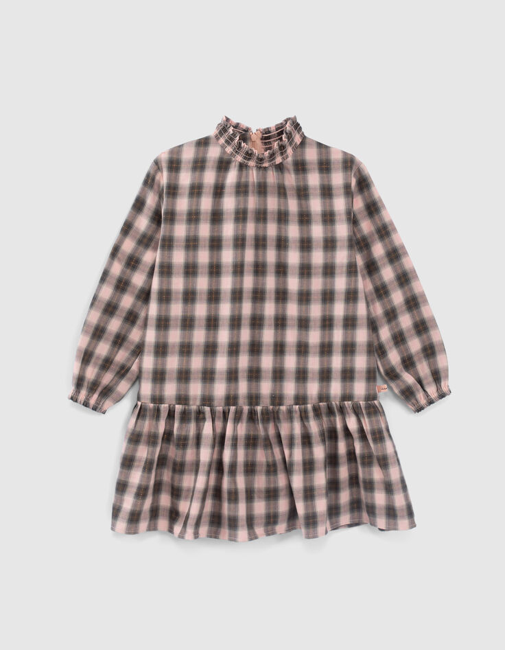 Kariertes Mädchenkleid, pink und khaki, Smock-Kragen-1