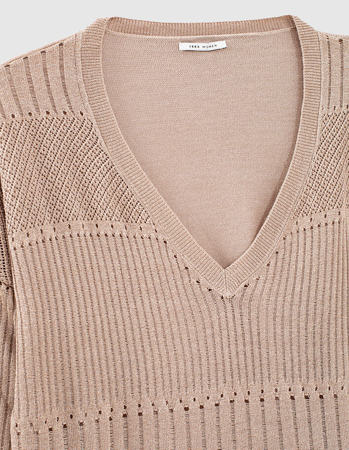 Women’s nude metallic knit V-neck sweater, stitch detail-2