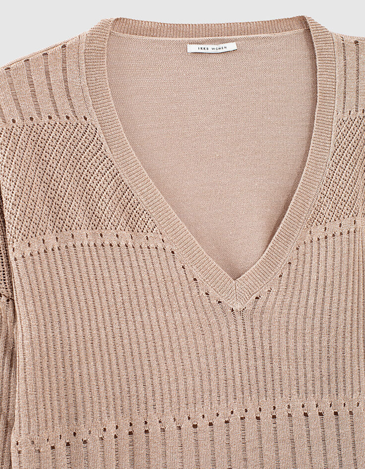 Women’s nude metallic knit V-neck sweater, stitch detail-2