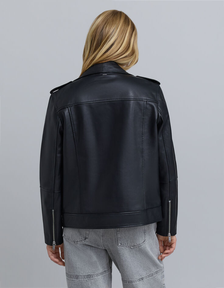 Schwarze mittellange Leder-Bikerjacke f&uuml;r Damen-3