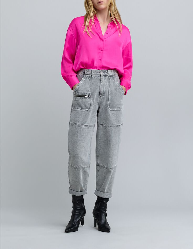 Chemise fuchsia satinée froissée Femme-1