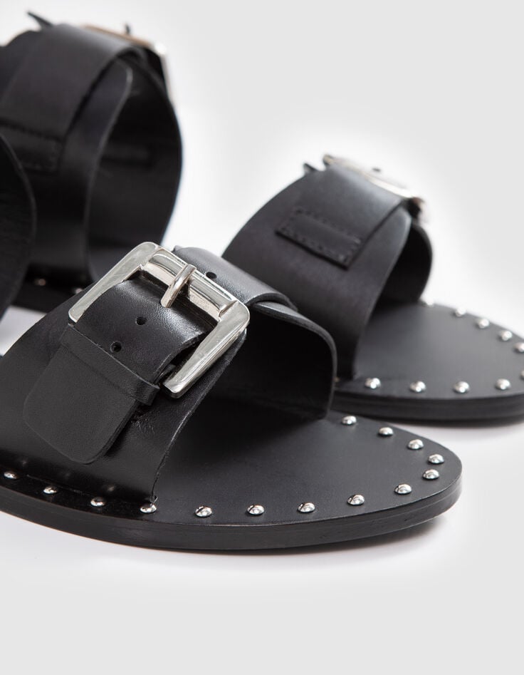 Schwarze Damen-Ledersandalen gesteppte Doppelriemen Nieten-5