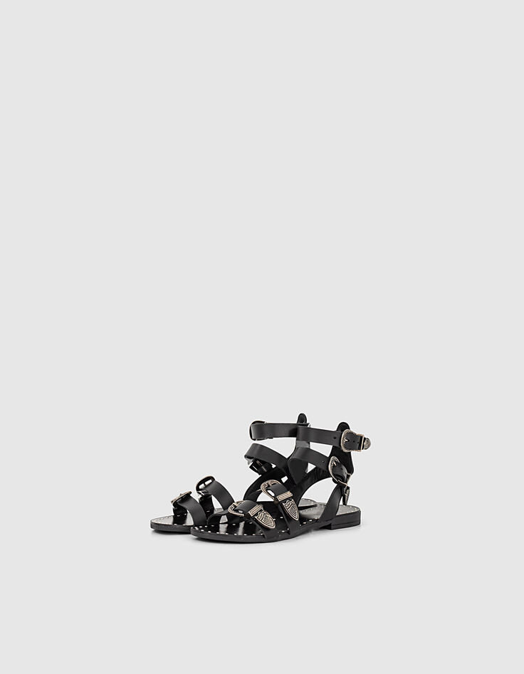 Sandalias cuero ante negro hebilla mujer-1