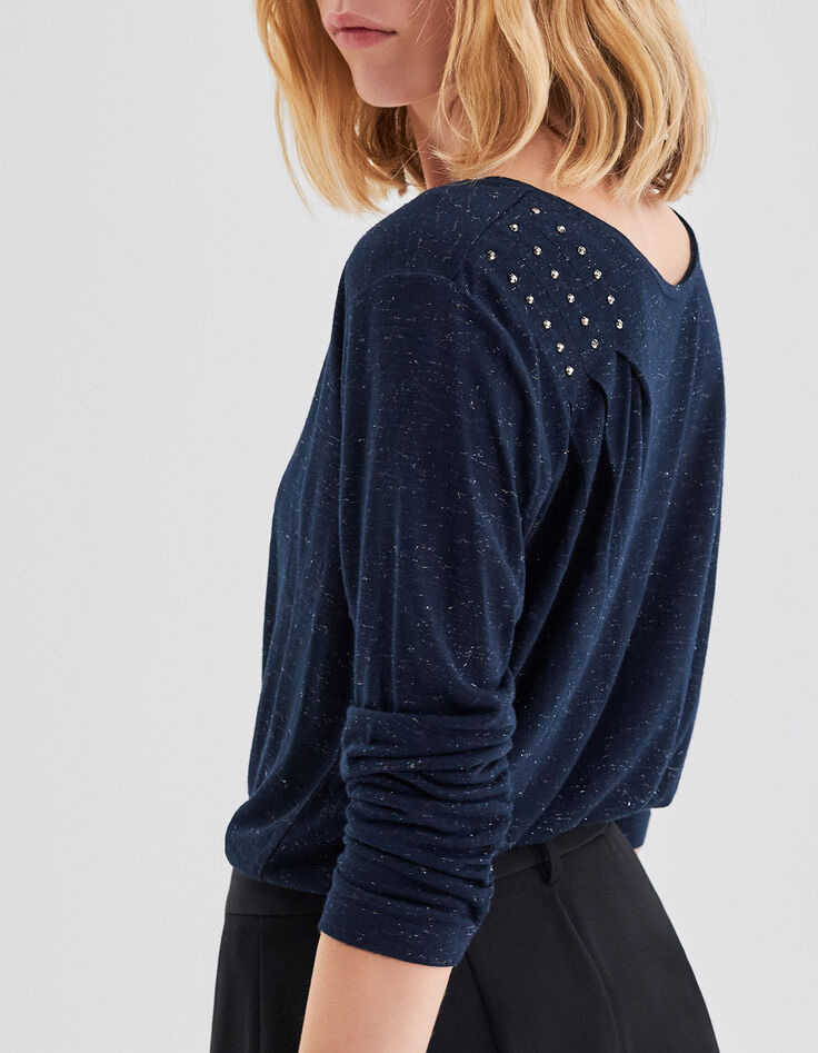 Tee-shirt marine pailleté avec strass sur drapé Femme-3
