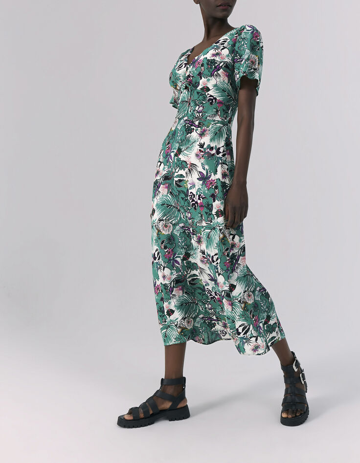 Women’s green plant print long dress-1