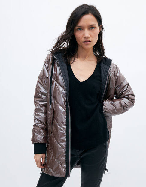 Women’s iridescent brown hooded mid-length padded jacket