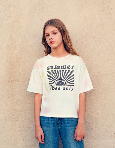 Cremeweißes Mädchen-T-Shirt, Tie-and-Dye, Sonnenmotiv