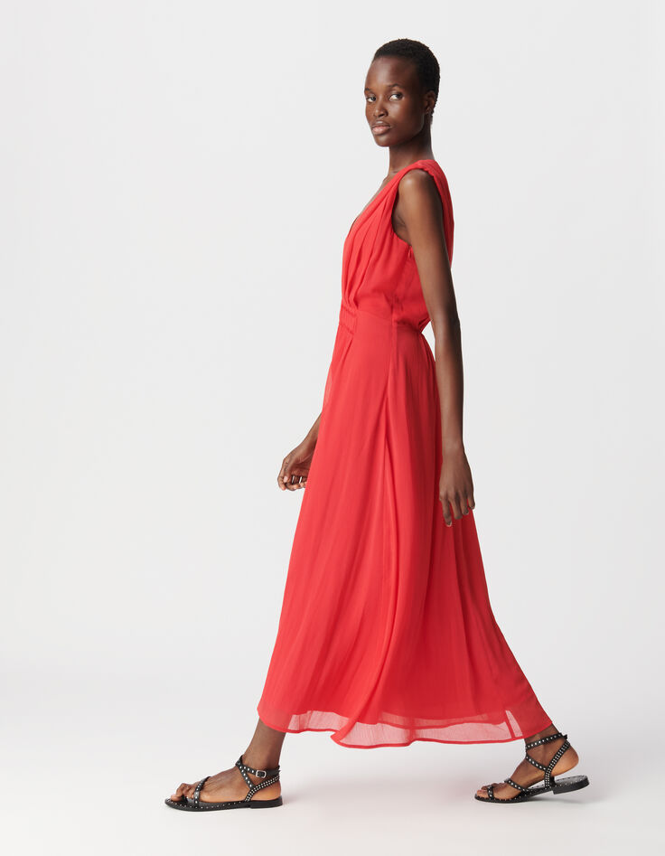 Robe longue rouge détail plissé taille Femme-2