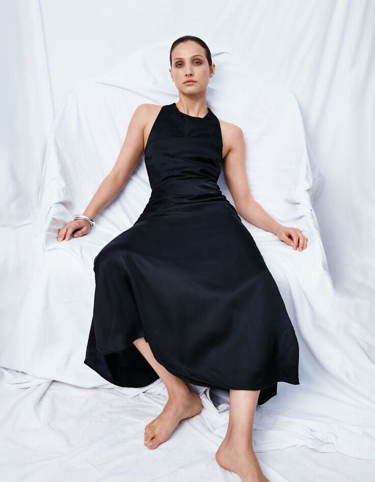 Women’s black long dress with straps crossed over back-5