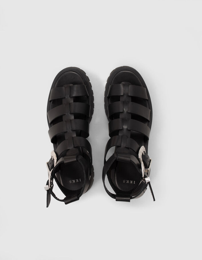 Women’s black multistrap leather sandals with chunky soles - IKKS