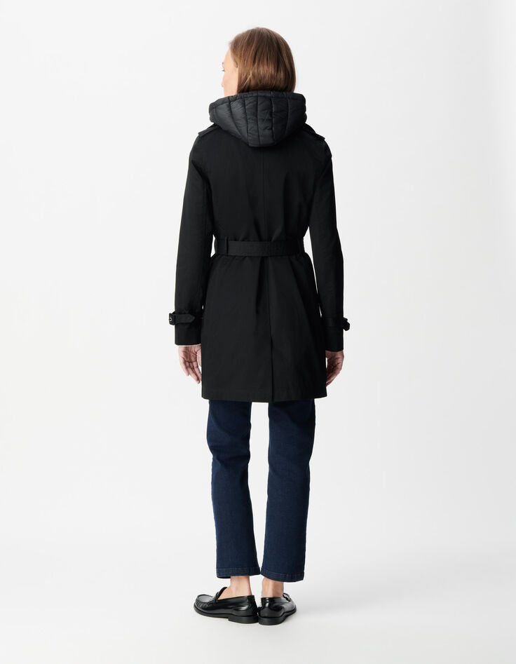 Zwarte trenchcoat voor Dames met afneembare nylon capuchon-2