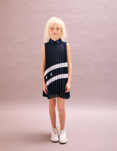 Girls’ navy pleated dress with shirt collar
