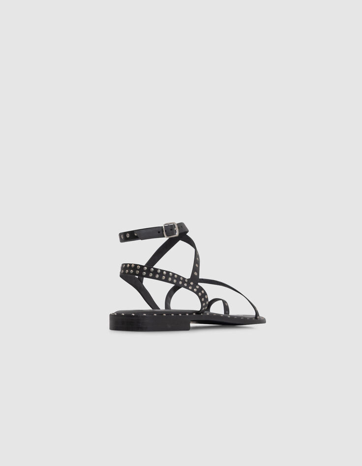 Sandales-tongs plates noires cuir clouté Femme-3