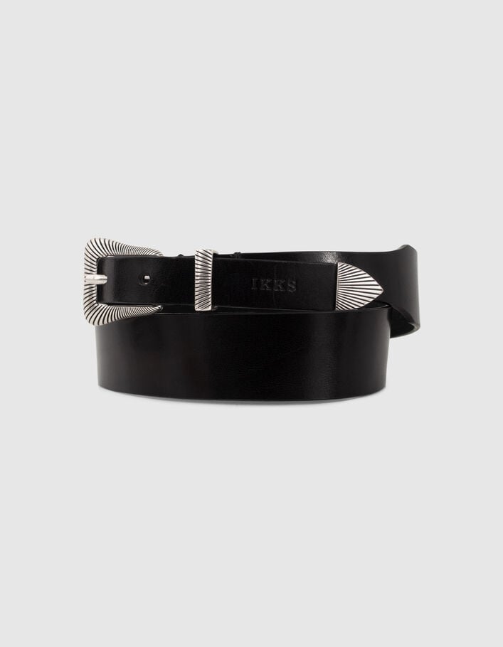 Women’s black leather asymmetric belt with metal tip - IKKS