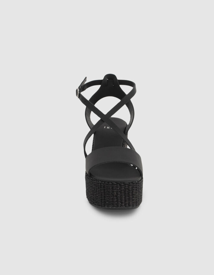 Women’s black leather raffia heel wedge sandals - IKKS