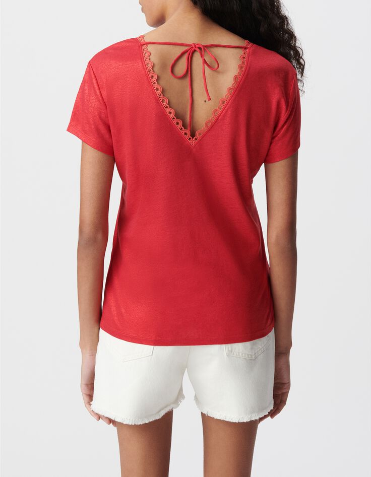 Tee-shirt rouge encolure V devant et dos-3